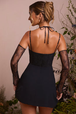 Lace Sleeve A-Line Mini Dress in Black