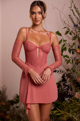 Lace Sleeve A-Line Mini Dress in Terracotta