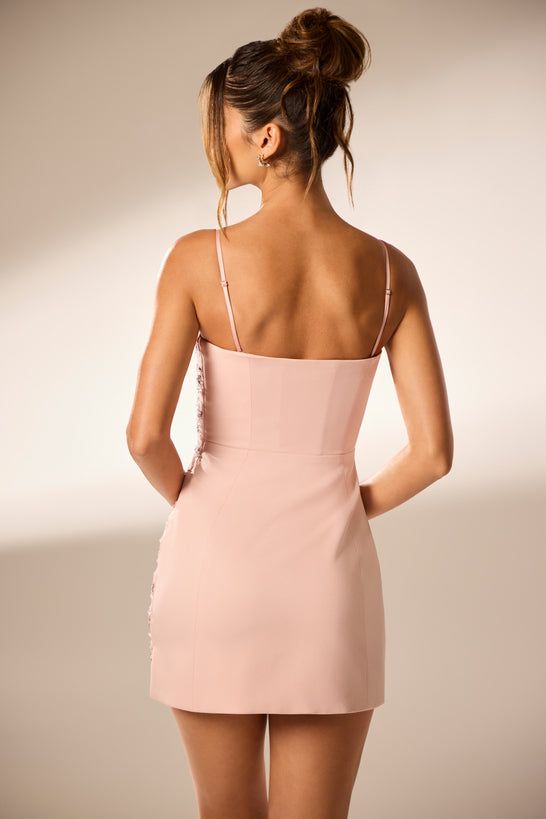 Ręcznie zdobiona sukienka mini w kolorze różu
