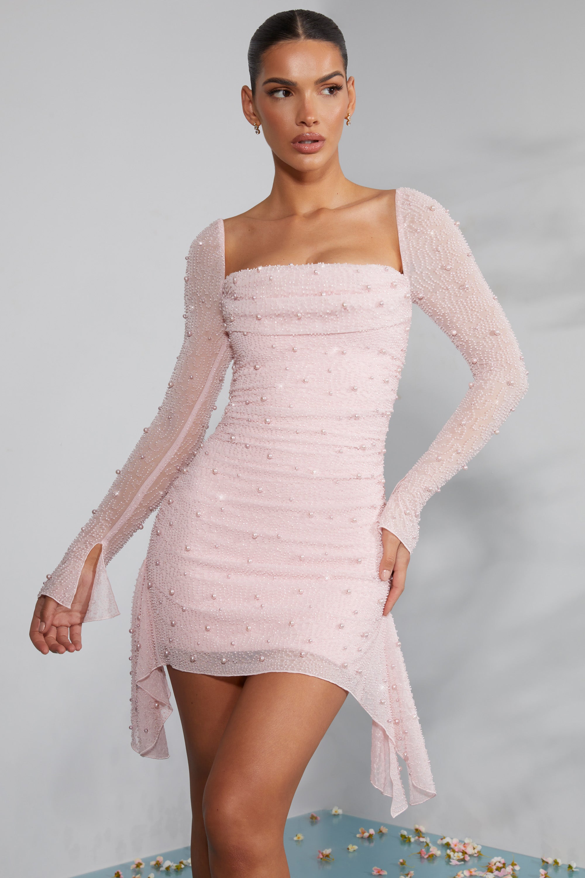 Tivoli Long Sleeve Embellished Cowl Neck Mini Dress in Blush | Oh