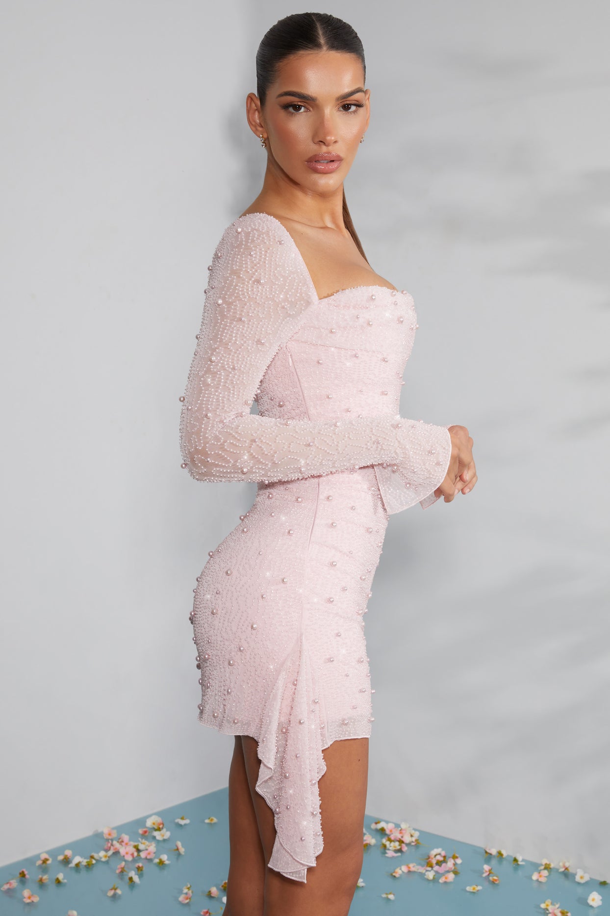 Tivoli Long Sleeve Embellished Cowl Neck Mini Dress in Blush
