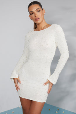 Long Sleeve Embellished Backless Mini Dress in Ivory