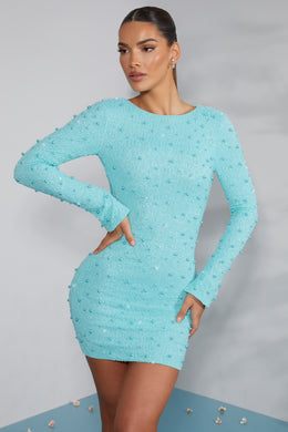 Sukienka mini z długim rękawem, zdobiona, bez pleców, w kolorze Aqua