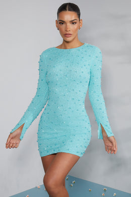Sukienka mini z długim rękawem, zdobiona, bez pleców, w kolorze Aqua