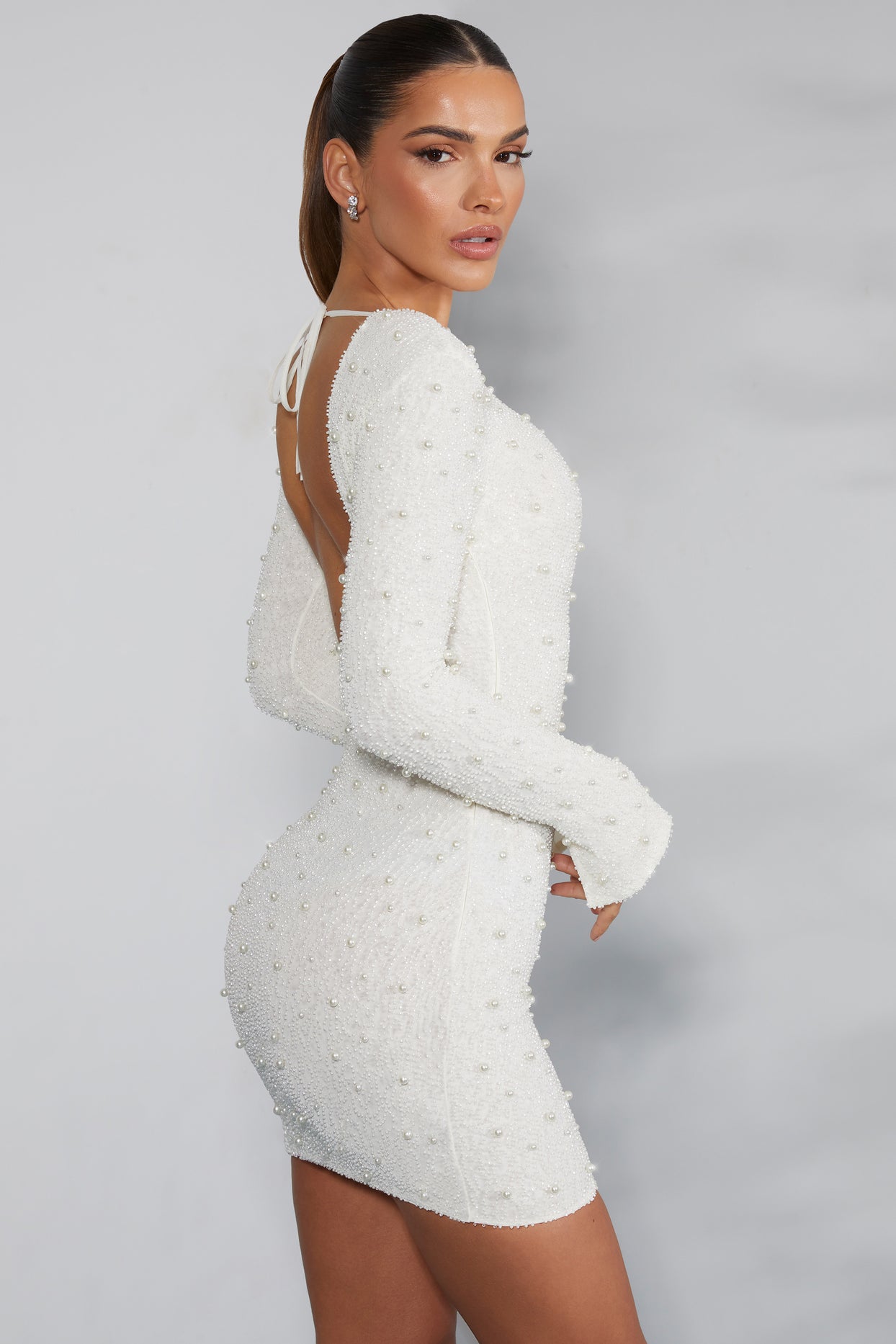 Hague Long Sleeve Embellished Backless Mini Dress in Ivory Oh Polly