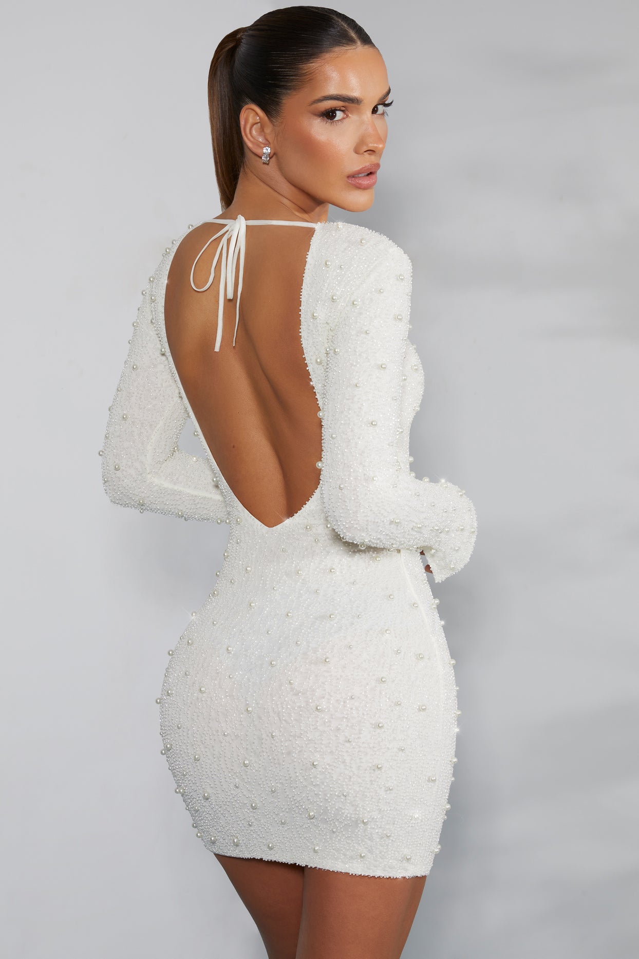 Long Sleeve Embellished Backless Mini Dress in Ivory