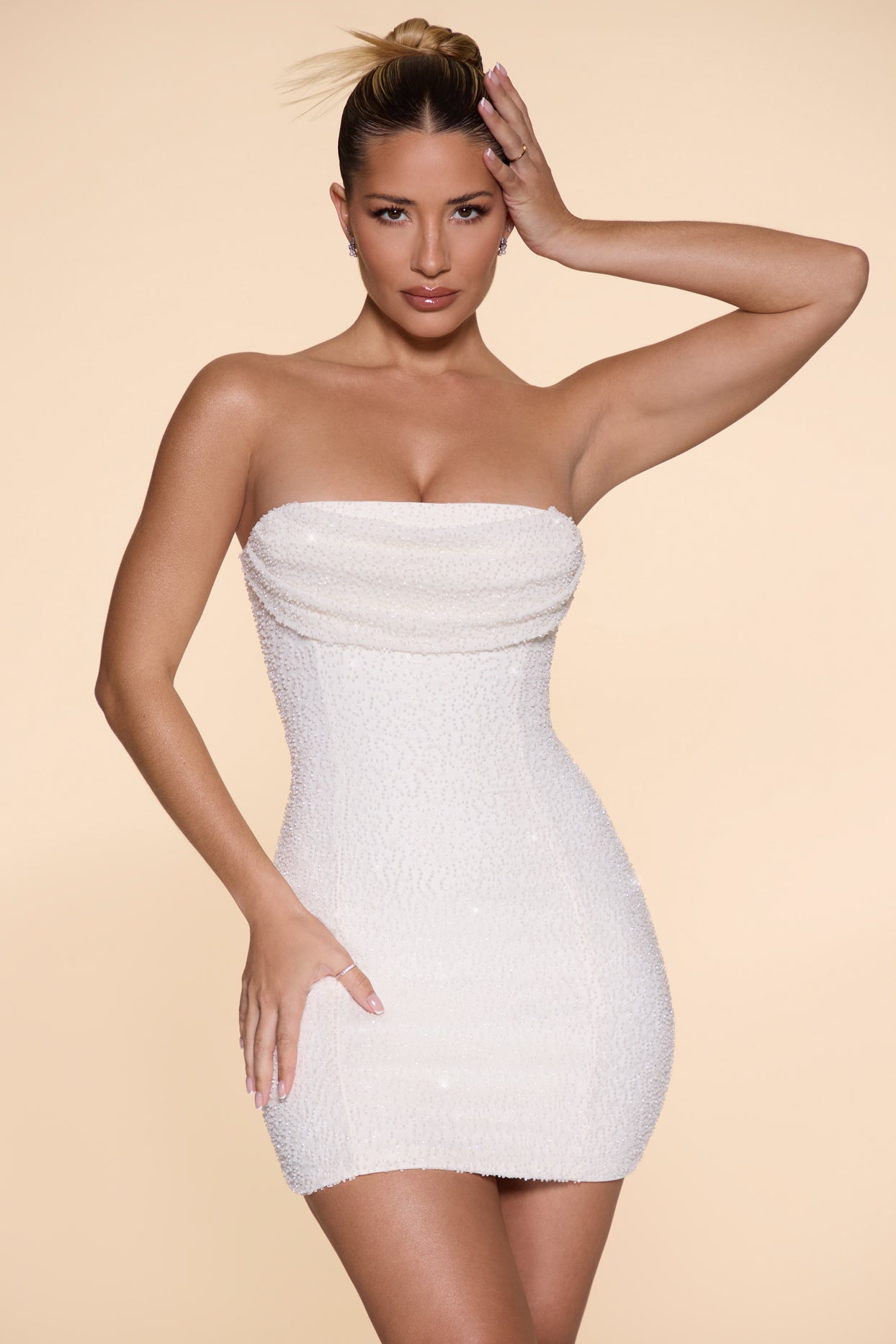 Embellished Strapless Cowl Neck Mini Dress in Ivory