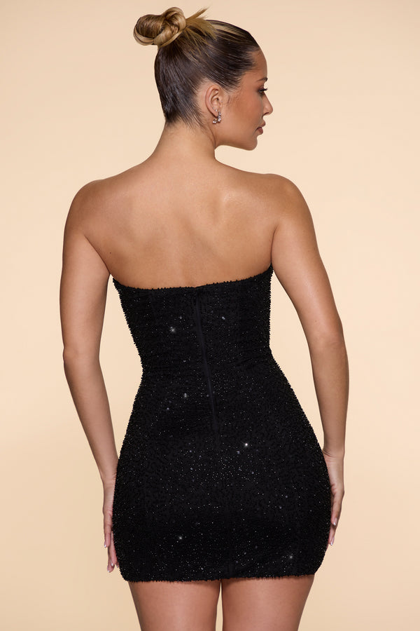 Embellished Strapless Cowl Neck Mini Dress in Black - 2