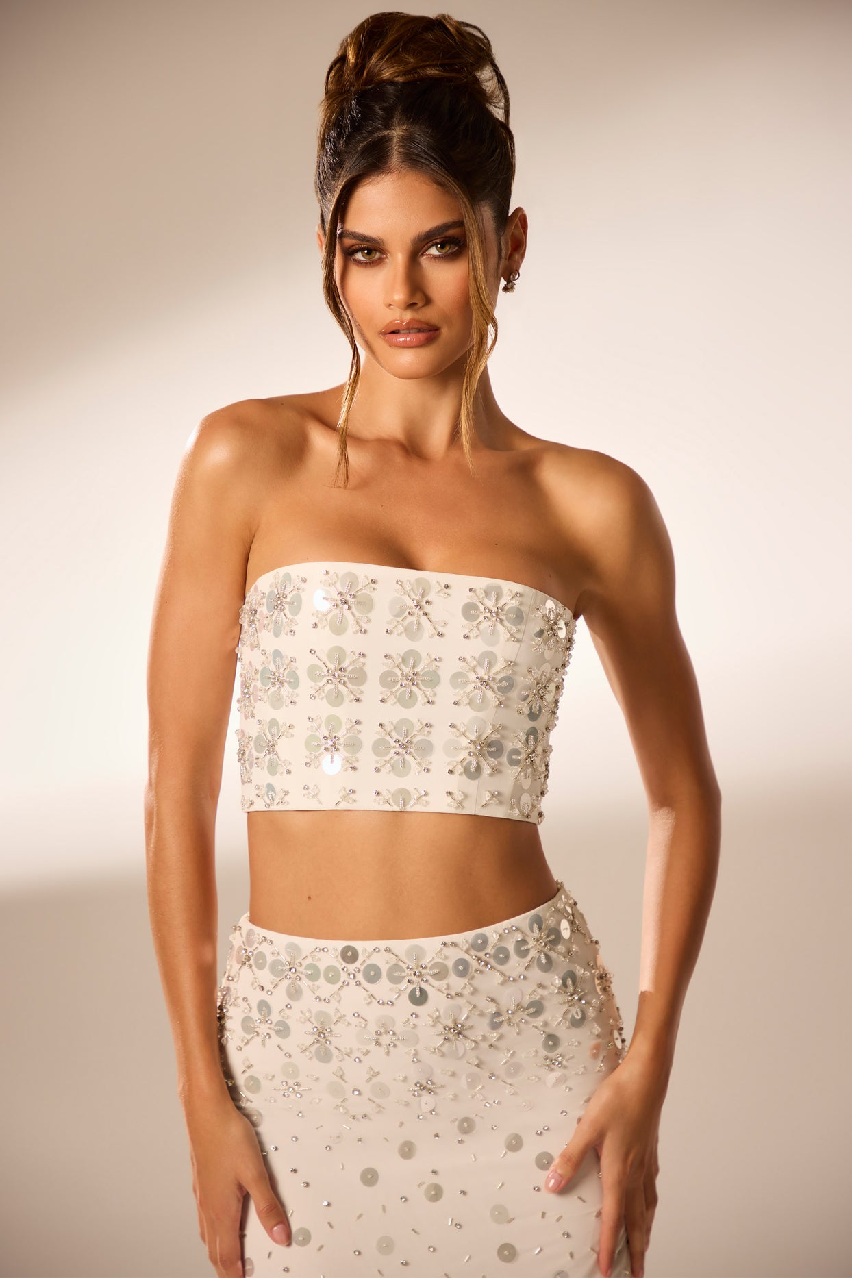 Maia Hand Embellished Bandeau Corset Crop Top in Ivory