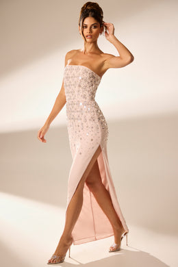 Ręcznie zdobiona sukienka maxi typu bandeau w kolorze różu