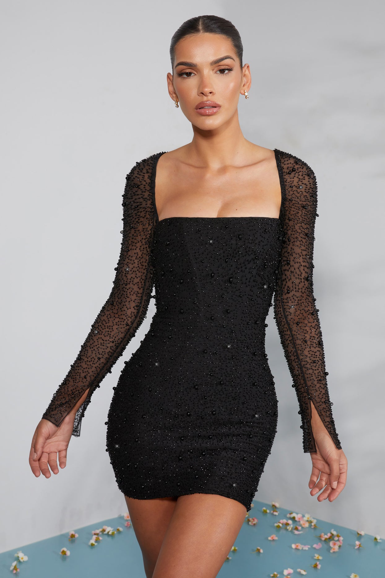 Long Sleeve Embellished Corset Mini Dress in Black