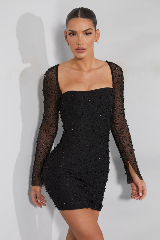 Long Sleeve Embellished Corset Mini Dress in Black