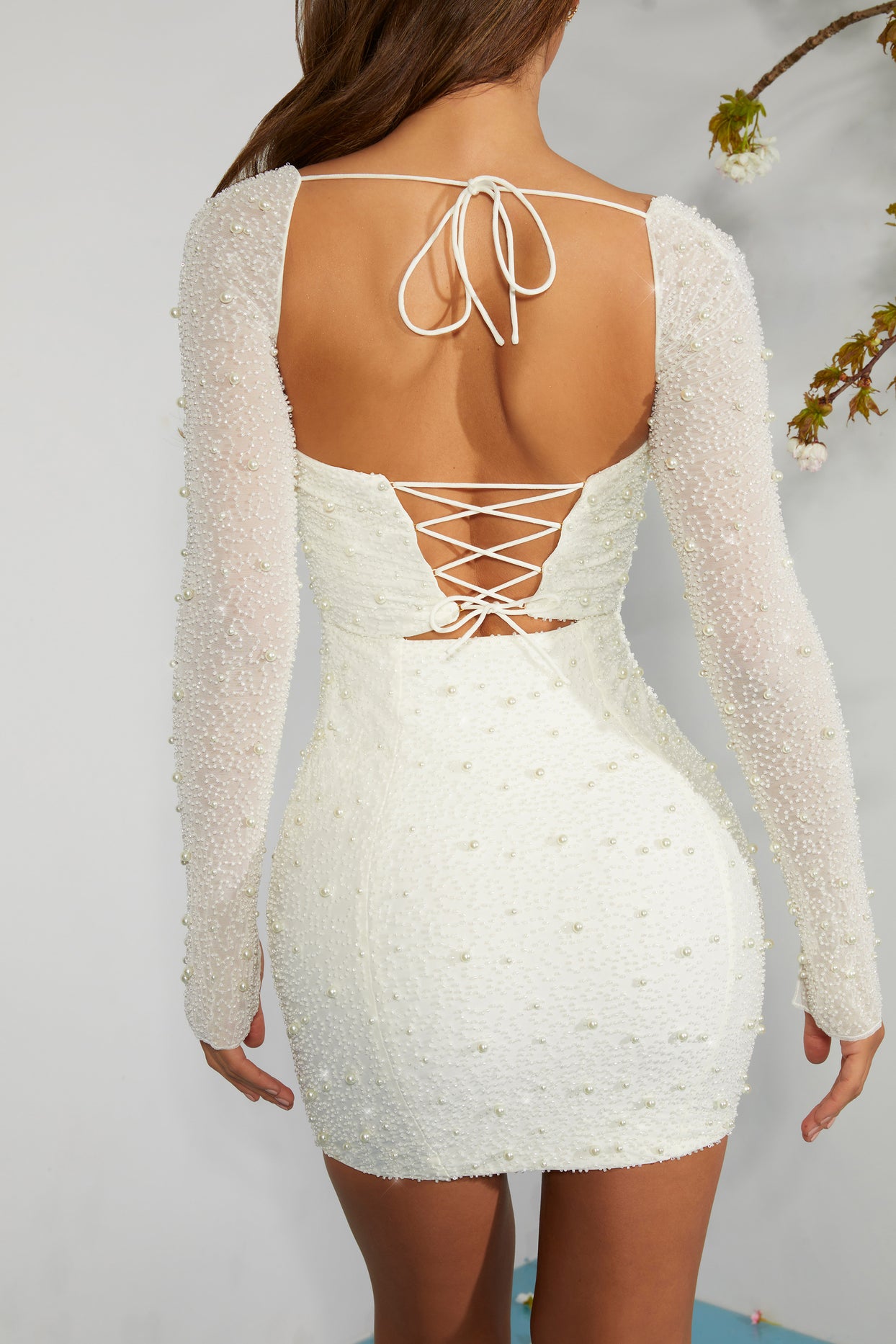 Milan Long Sleeve Embellished Corset Mini Dress in Ivory