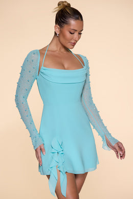 Sukienka mini z długim rękawem i dekoltem w kształcie litery A w kolorze Aqua