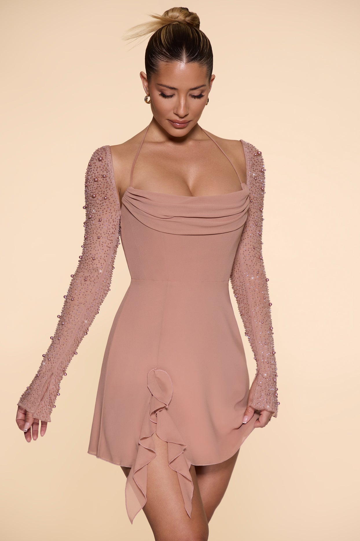 Long Sleeve Cowl Neck A-Line Mini Dress in Beige