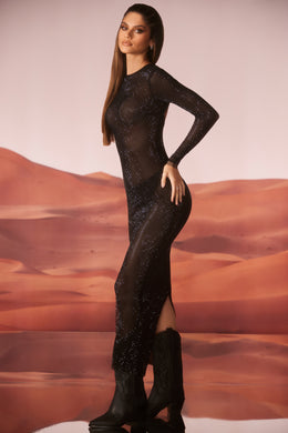 Ozdobiona sukienka maxi z długim rękawem w kolorze czarnym