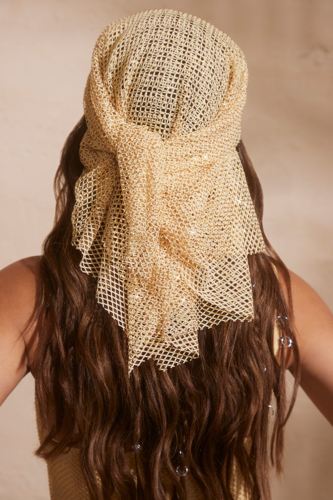 Embellished Fishnet Headscarf in Gold