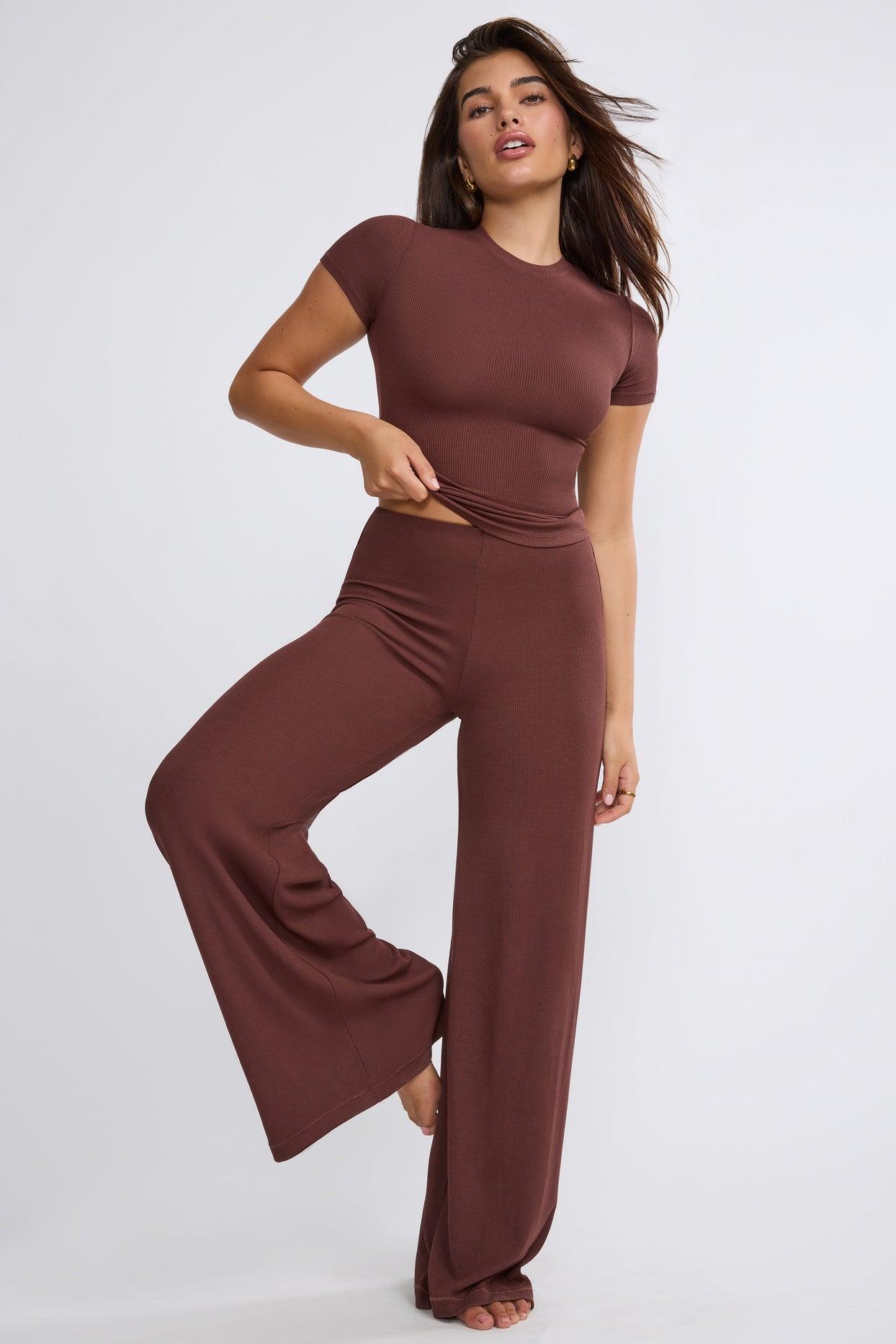 Nour Mid Rise Wide Leg Trousers in Chocolate