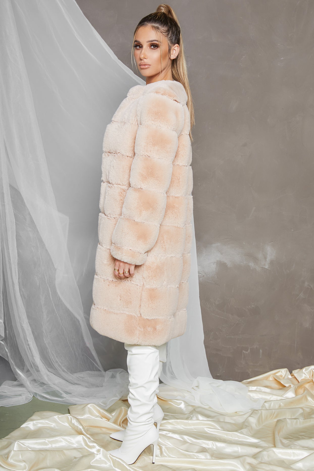 Executive Longline Panel Faux Fur Coat in Cream
