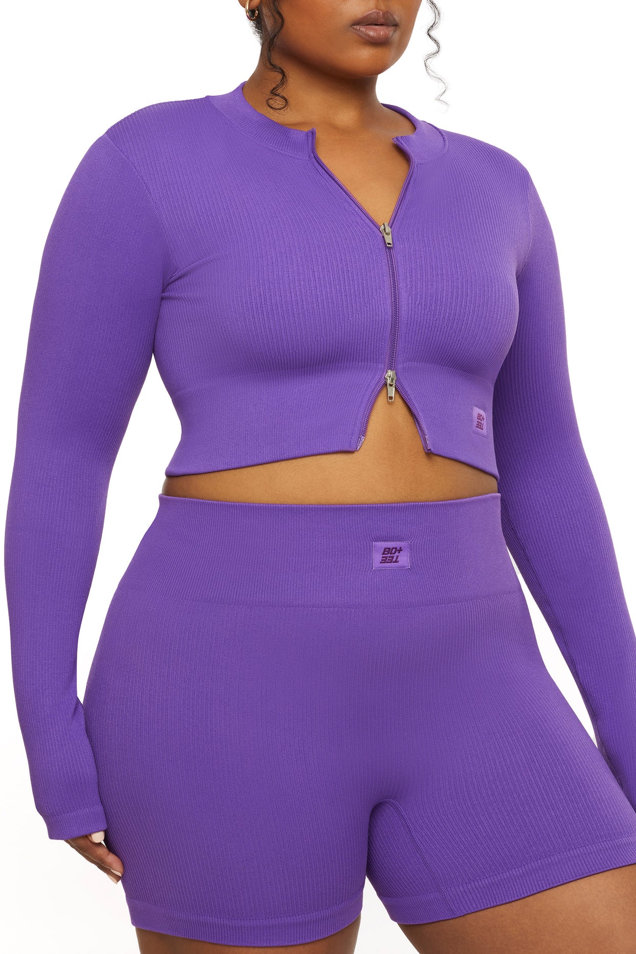 Long Sleeve Zip Crop Top in Purple