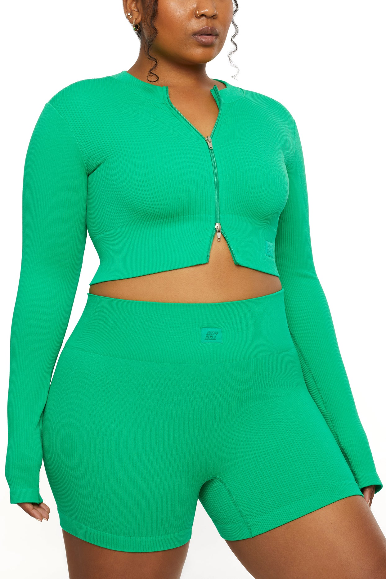 Long Sleeve Zip Crop Top in Green
