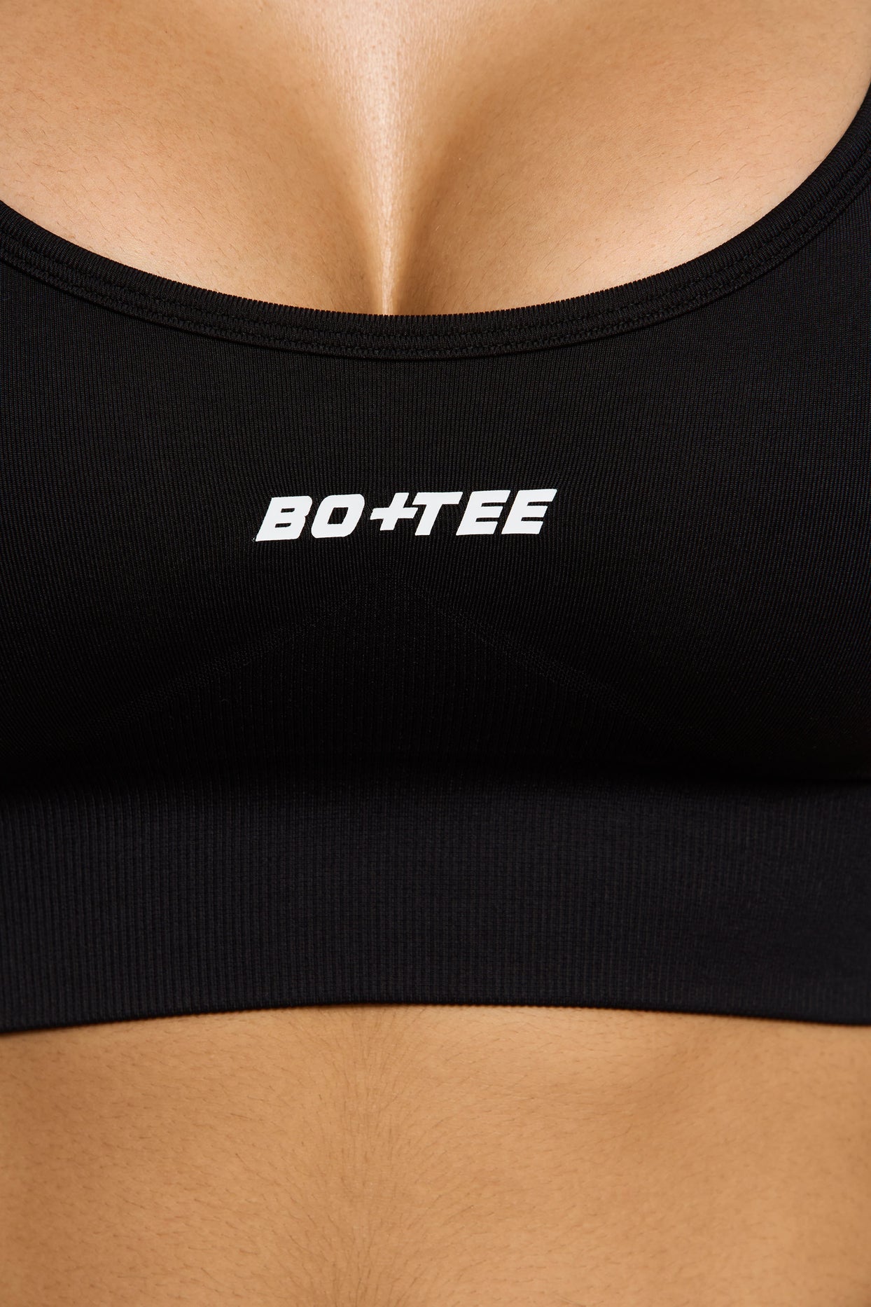 Close up of Seamless Strappy Sports Bra in Black