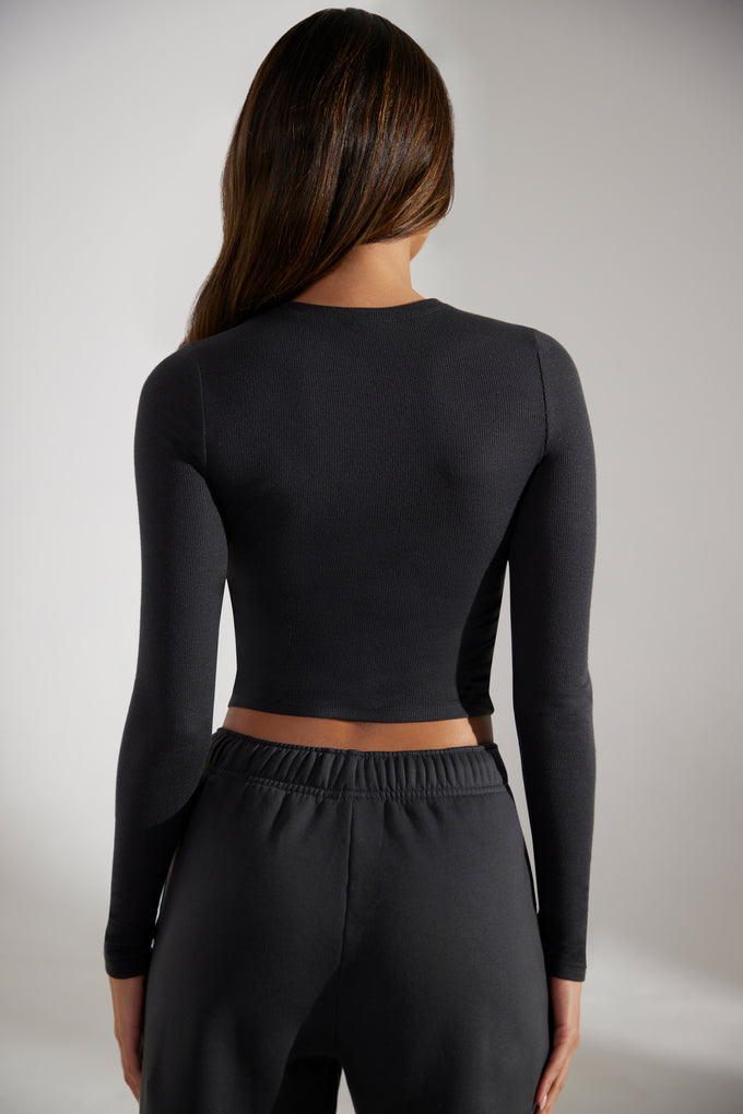 Soft Rib Long Sleeve Top in Washed Black