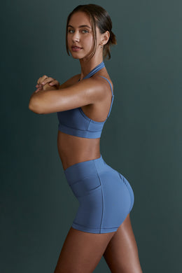 Plunge Neck Wrap Over Sports Bra in Blue