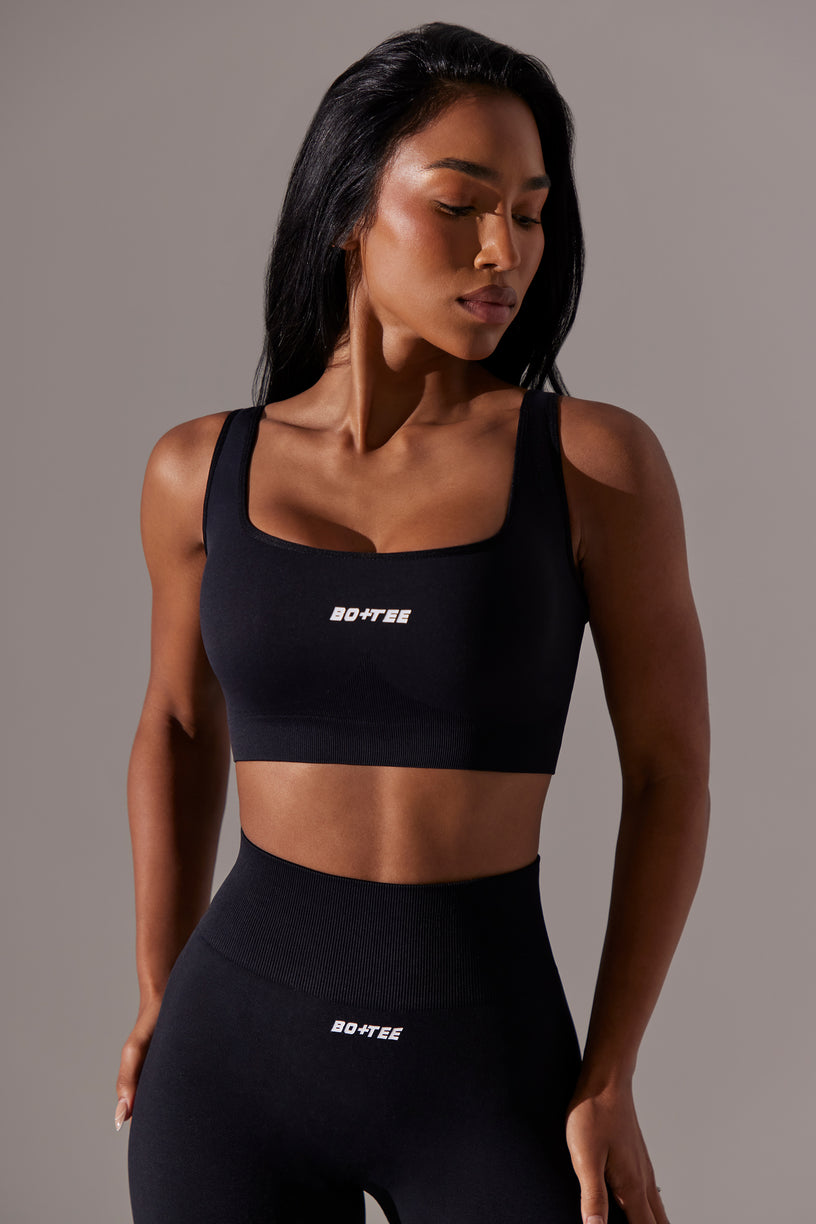 Open Back Square Neck Sports Bra in Black - 2