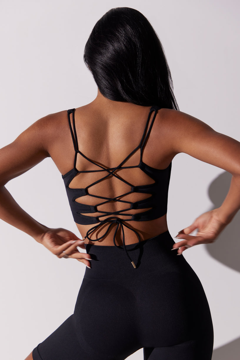 Open Back Square Neck Sports Bra in Black - 1