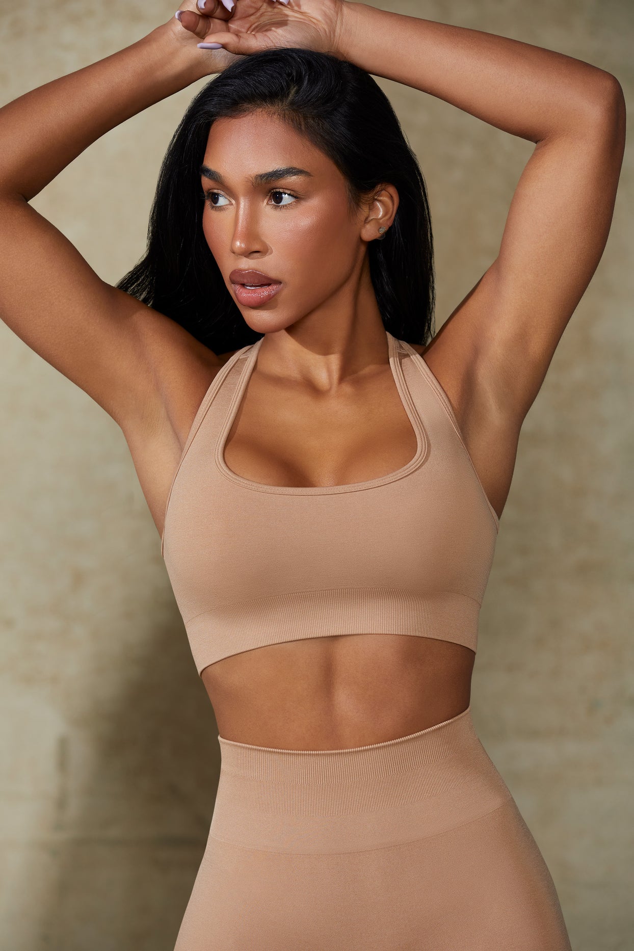 Mindset Cut Out Define Luxe Sports Bra in Warm Taupe