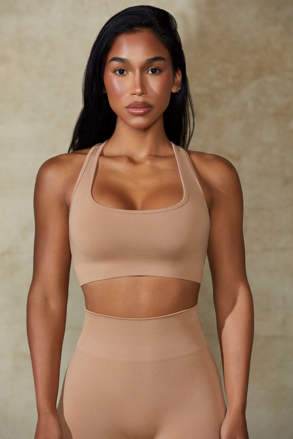 Mindset Cut Out Define Luxe Sports Bra in Warm Taupe Oh Polly