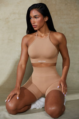 High Neck Open Back Define Luxe Sports Bra in Warm Taupe