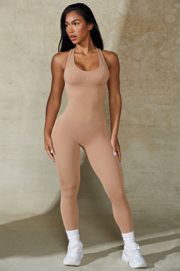 Open Back Define Luxe Unitard in Warm Taupe