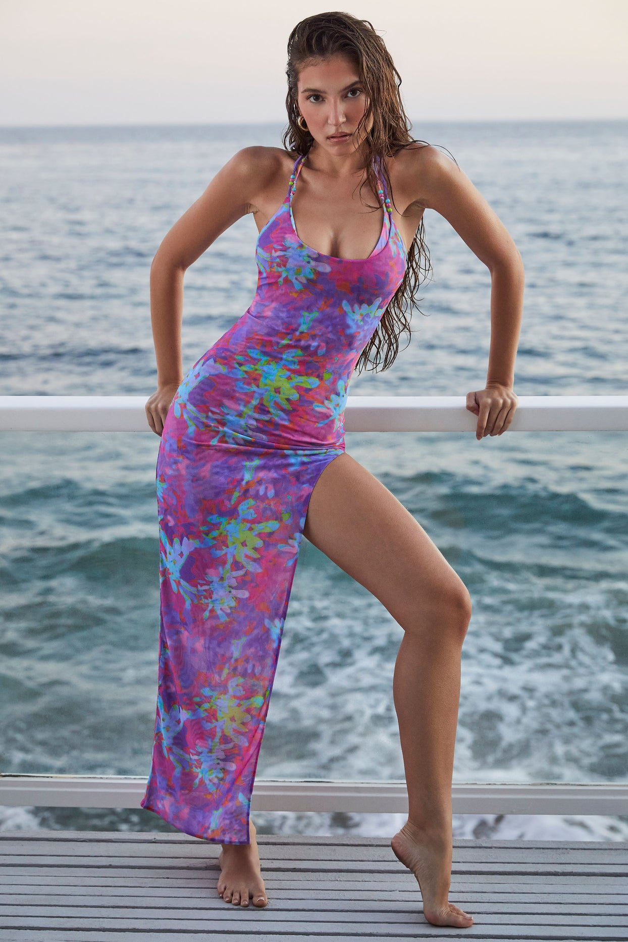 Halter Neck Thigh High Slit Maxi Beach Dress in Purple Print