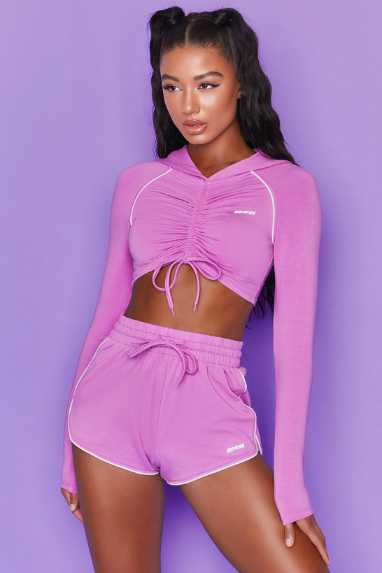 New Goals Cropped Ruched Hoodie in Purple
