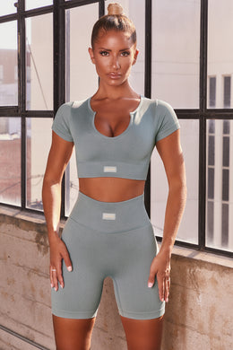 In Charge Ribbed Short Sleeve Crop Top in Teal