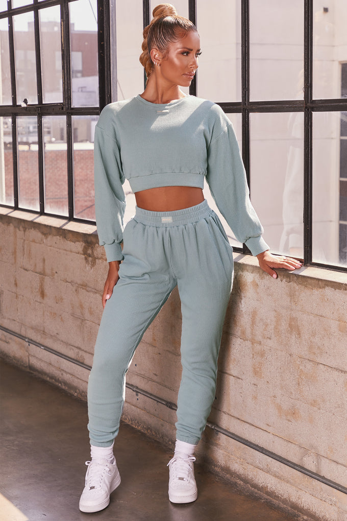 At Ease Ribbed Cropped Oversized Sweatshirt in Teal