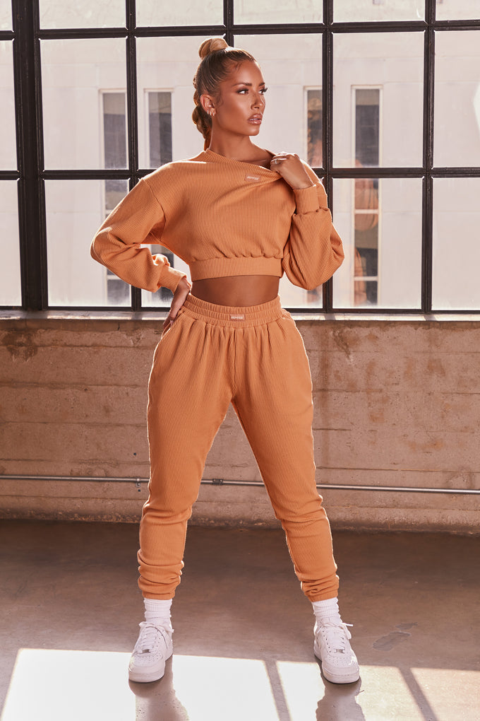 At Ease Ribbed Cropped Oversized Sweatshirt in Caramel