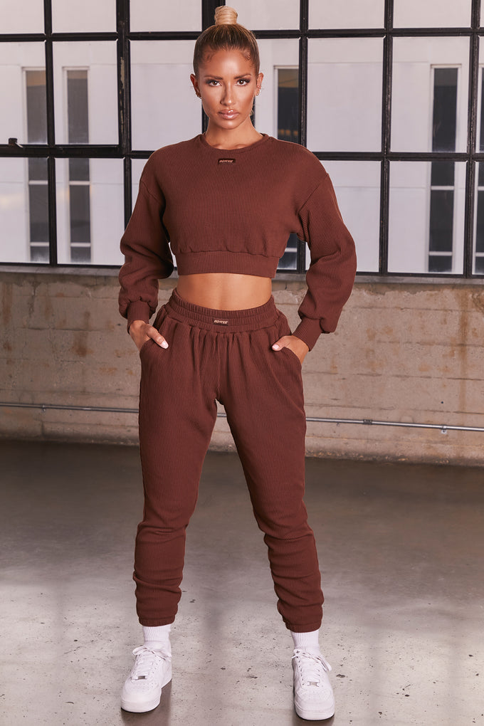 Ribbed Cropped Oversized Sweatshirt in Chocolate Brown