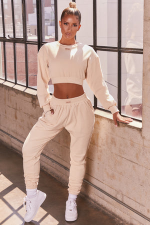 Slow It Down Petite Ribbed Full Length Cuffed Joggers in Cream