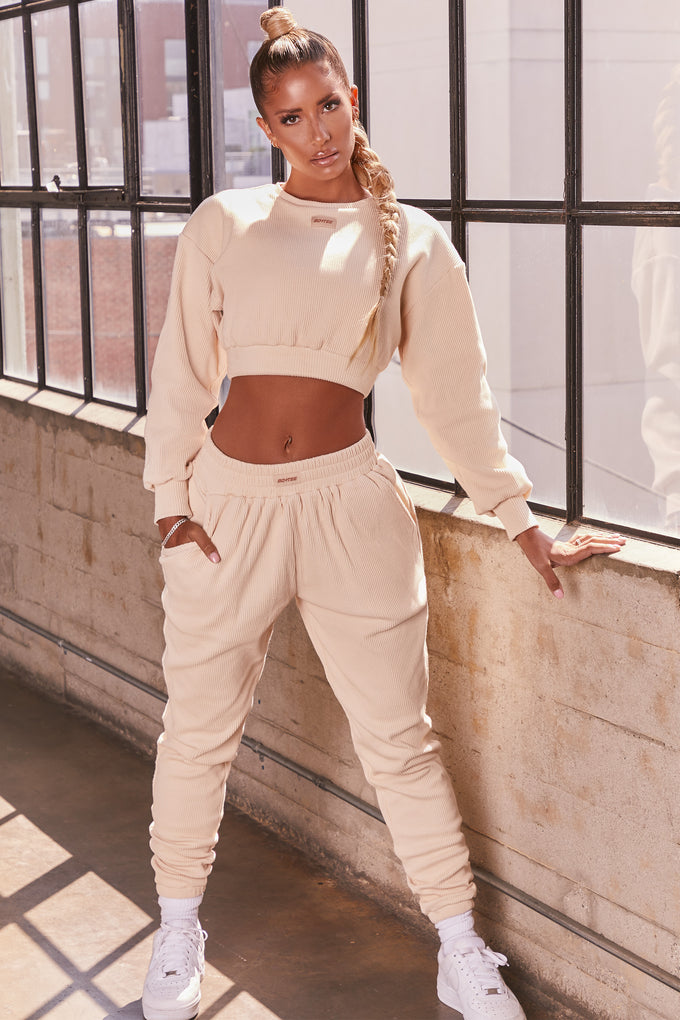 At Ease Ribbed Cropped Oversized Sweatshirt in Cream