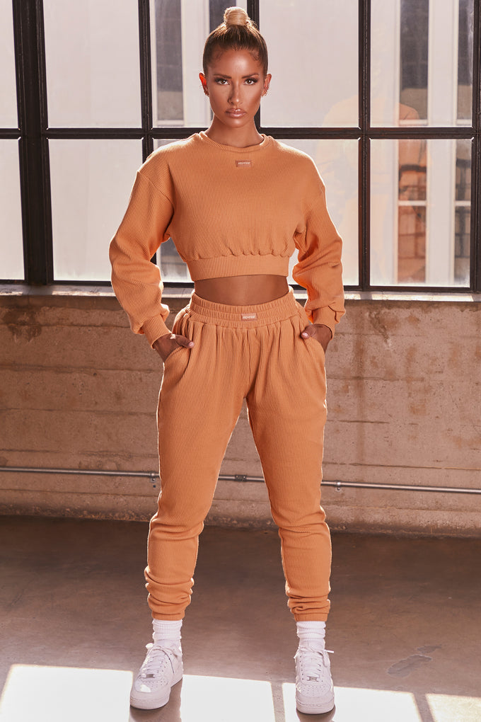 At Ease Ribbed Cropped Oversized Sweatshirt in Caramel
