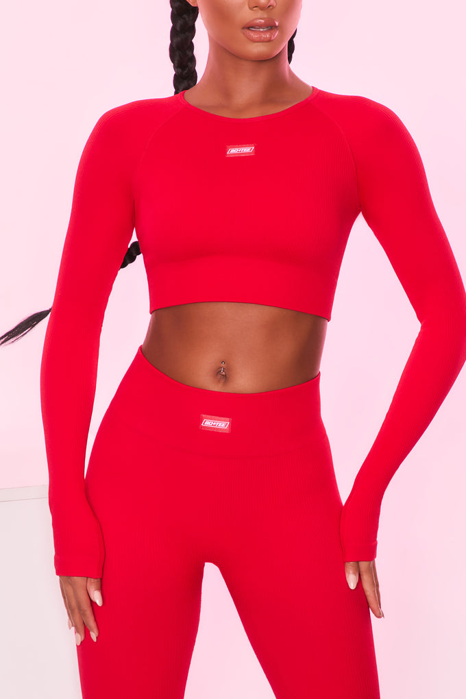 Express Yourself Ribbed Long Sleeve Crop Top in Red