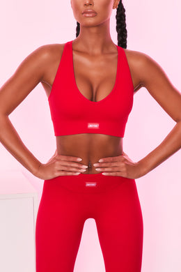 Ribbed Plunge Neck Sports Bra in Red