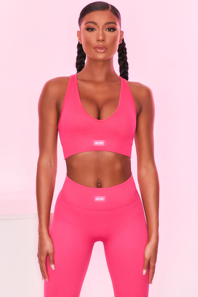 Ribbed Plunge Neck Sports Bra in Hot Pink