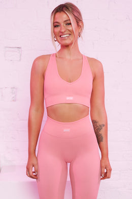 Ribbed Plunge Neck Sports Bra in Coral