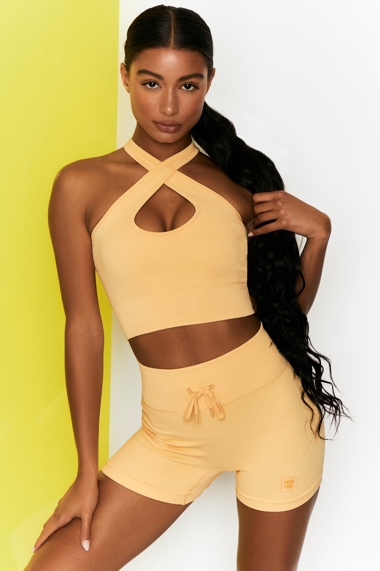 Ribbed Tie Front Mini Shorts in Yellow