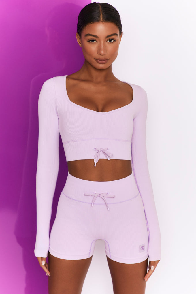 Time Check Ribbed Long Sleeve Crop Top in Lilac