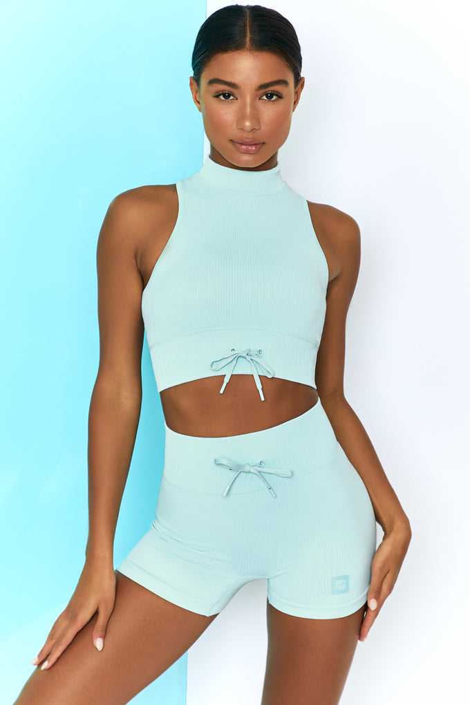 Ribbed Tie Front Mini Shorts in Light Blue